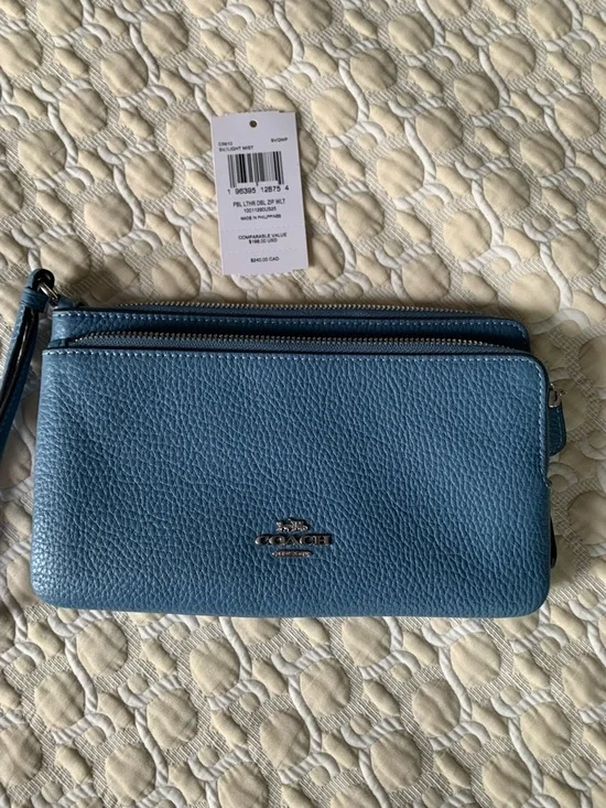 Coach Pebbled Leather Zip Wallet in Dusty Blue with Silver Logo - Picture 11 of 12